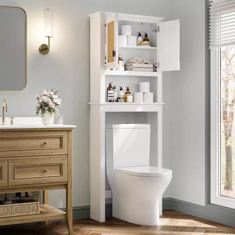 63 Over The Toilet Storage Cabinet,Farmhouse Over Toilet Bathroom Organizer with Rattan Doors,Freestanding Wood Above Toilet Storage Cabinet ,White