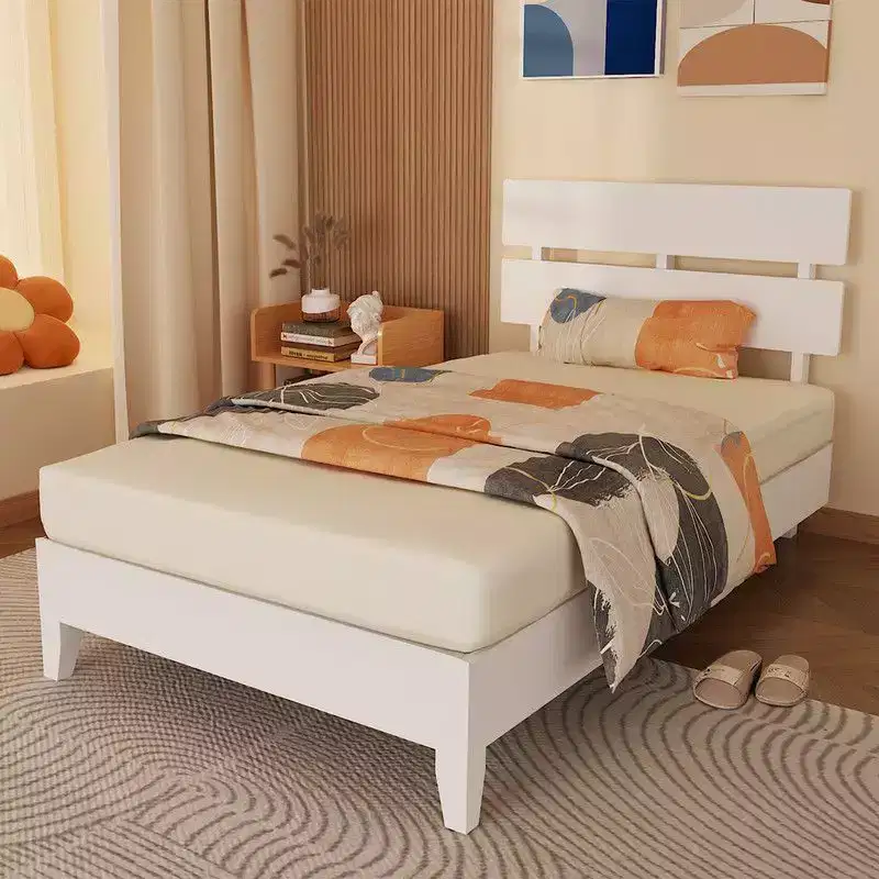 Solid Wood Platform Twin Bed Frame with Headboard, Mid Century Modern, White