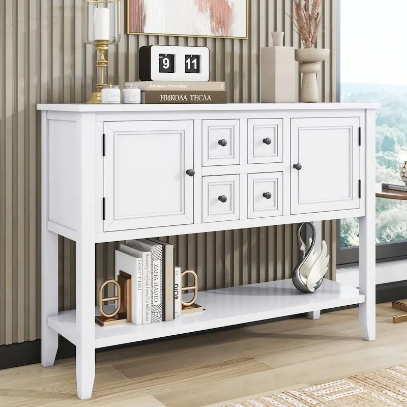 Retro Sideboard Console Table with Drawers and Bottom Shelf