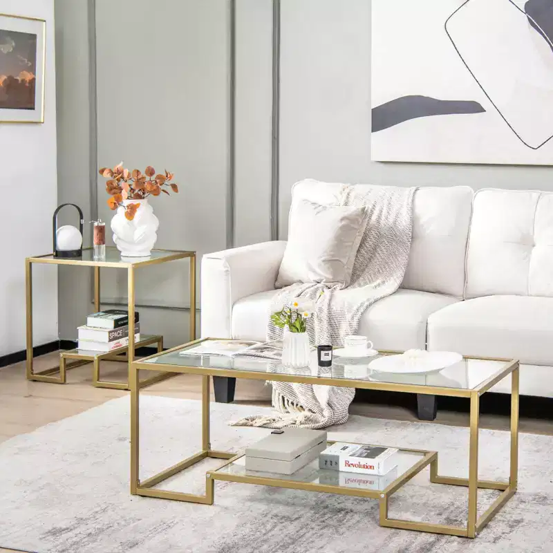 45'' Rectangular Tempered Glass Coffee Table with Storage Shelf