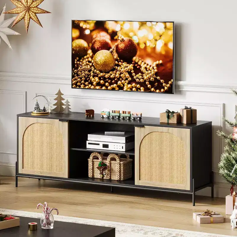 Arched Rattan TV Stand with Metal Frame - PB/MDF Board Storage Cabinet, Black/Oak for 75 TVs