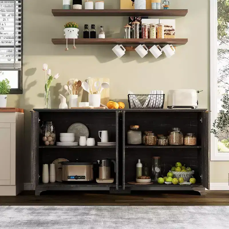 Fluted Sideboard Buffet Cabinet with Storage,4 Decorated Doors,Wood Coffee Bar Cabinet with Solid Wood Feet for Kitchen, Dining Room, Hallway