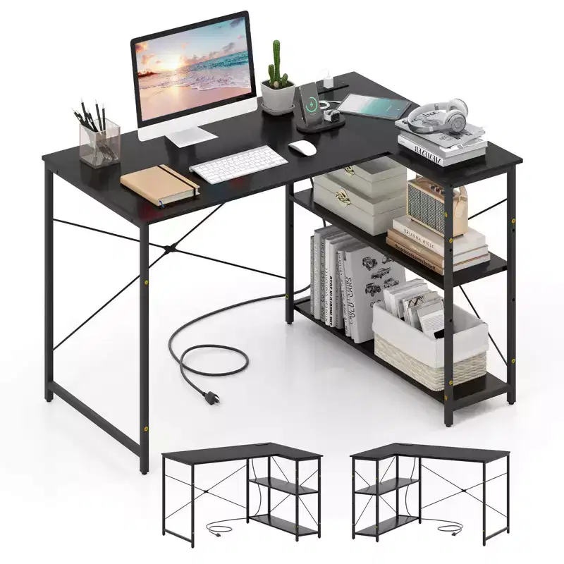 L-Shaped Computer Desk with Power Outlets, Adjustable Shelf, Heavy-Duty Metal Frame, Brown/White/Black