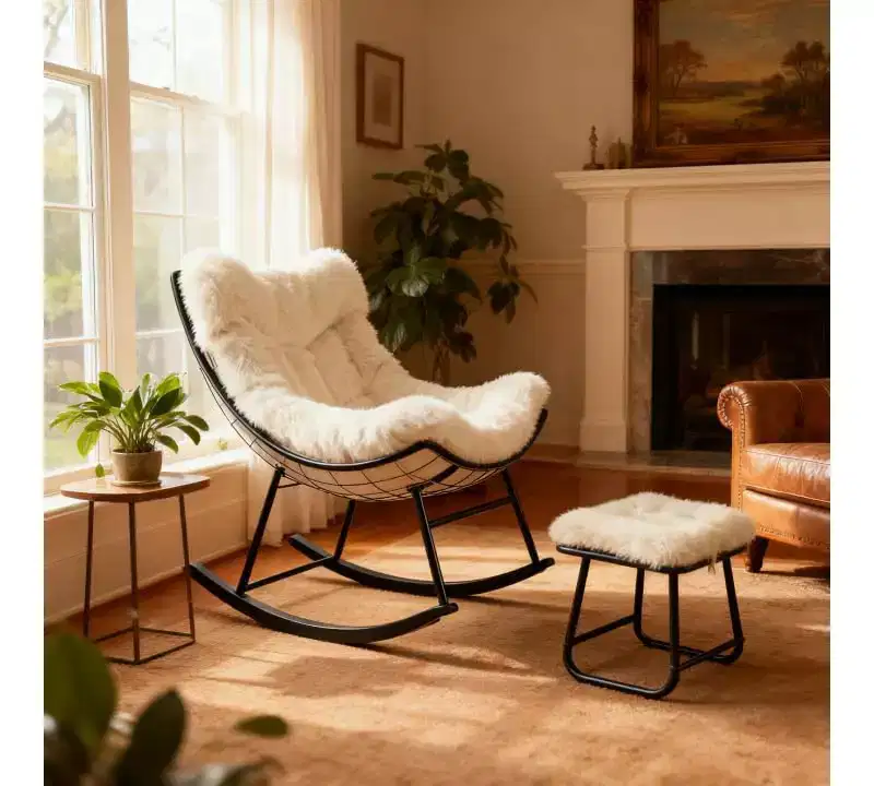 Oversized Papasan Rocking Chair with Ottoman and Soft Plush Cushion, Lounge Chair with Footrest and Sturdy Metal Frame, Egg Rocker for Living Room