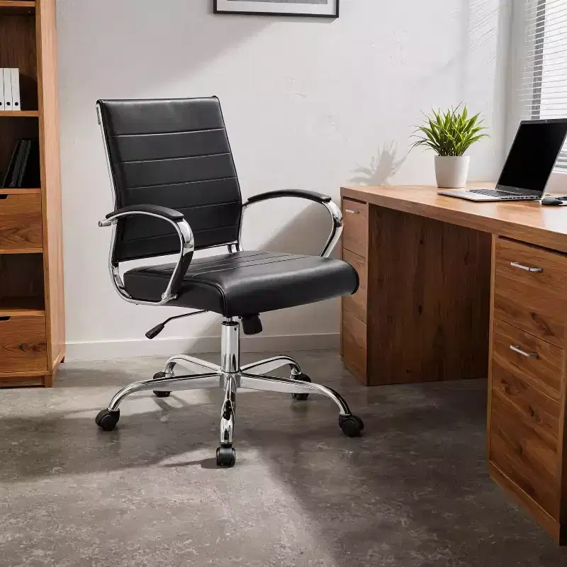 Ribbed Leather Office Chair – Mid-Century Modern Swivel & Tilt Executive Desk Chair, Chrome Base