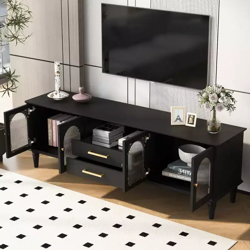 Bestier 69 Retro TV Stand for TVs up to 75, Living Room Entertainment Center Media Console with Arched Fluted Glass Doors, 2 Storage Drawers