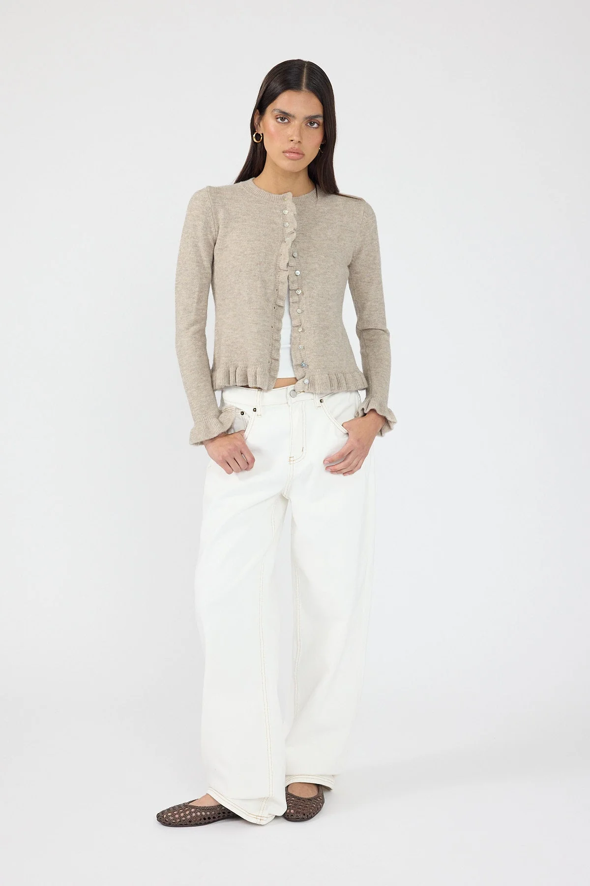 Frill Knit Cardigan Taupe