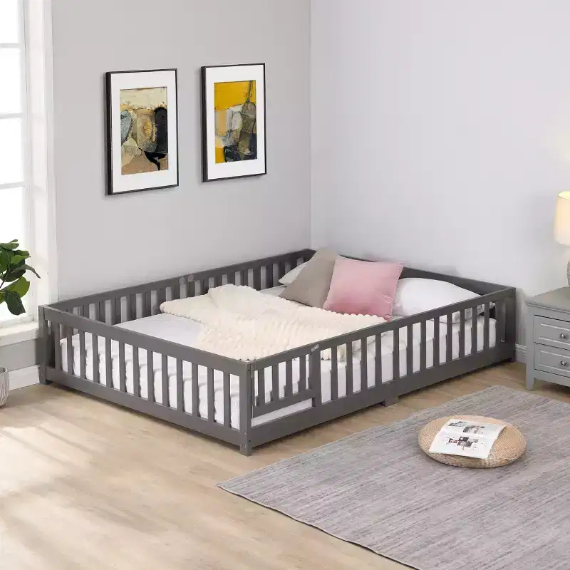 Queen Size Floor Bed with Door and Fence, Montessori Bed with Guardrails and Slats, Wood Platform Bed Frame for Girls and Boys