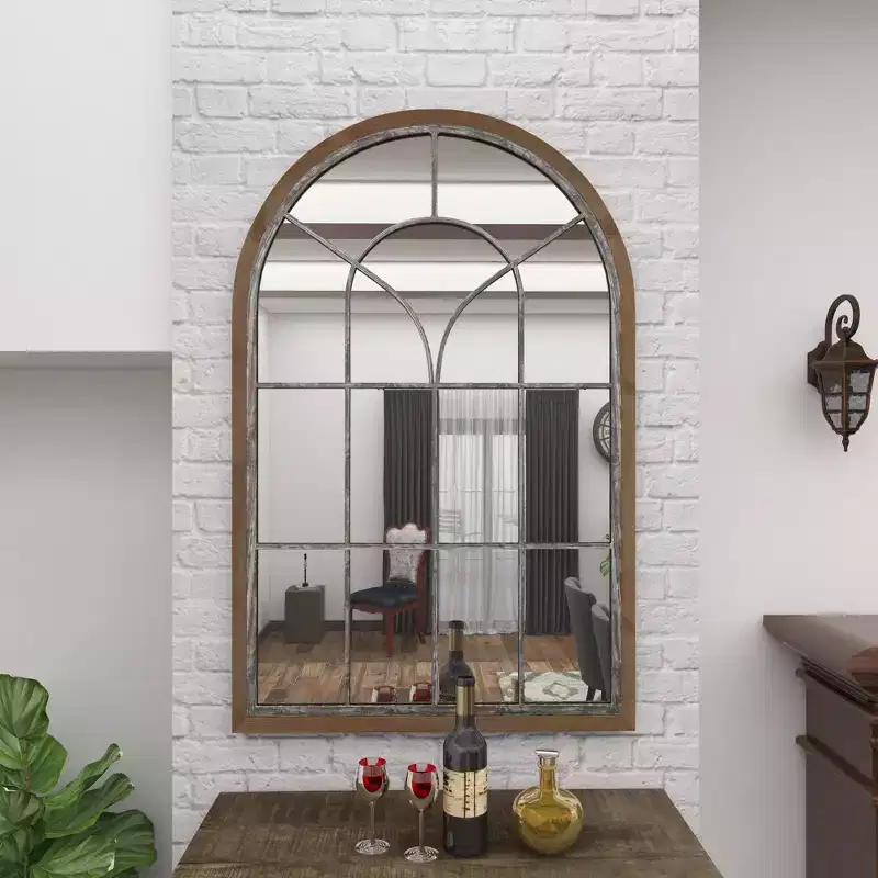 Glass Window Pane Inspired Wood Wall Mirror with Arched Top, Brown, Distressed Whitewash Finish