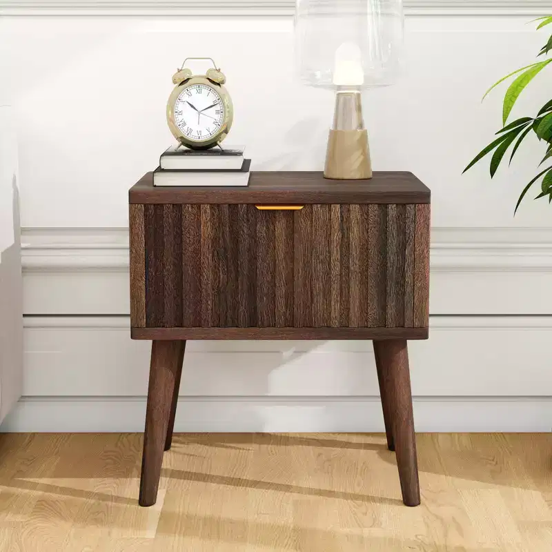20 inch Walnut Fluted Nightstand Set of 1/2 Mid Century Modern End Table with Drawer Bedside Table Solid Wood End Side Table for Living Room