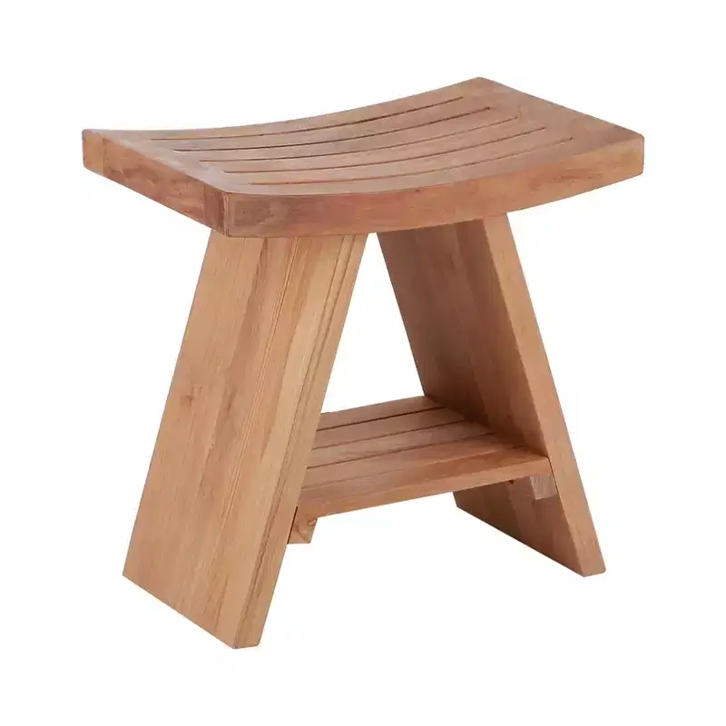 Natural Shower and Bath Stool with Curved Seat and Shelf - Beige