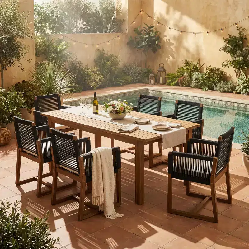 Christopher Knight Home Sarene Outdoor Rustic 7 Piece Acacia Wood Dining Set with Handwoven Cord
