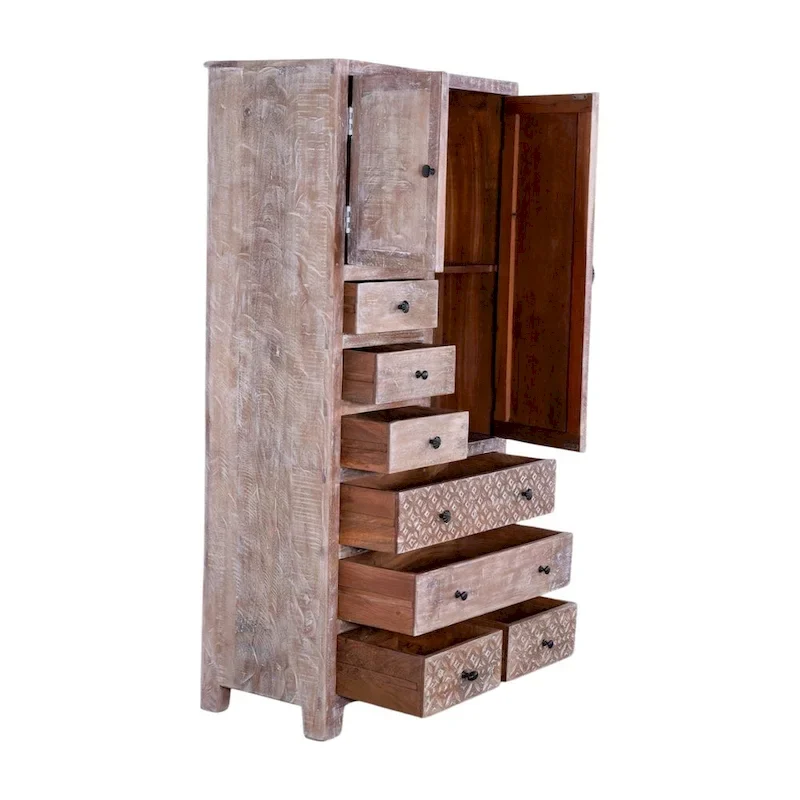 Antique White / Brown Solid Wood Armoire with 7 Drawers & 2 Doors