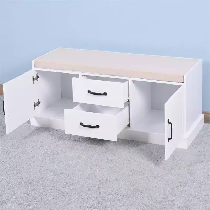 Wooden Storage Bench, Entryway Storage Cabinet With Removable Seat Cushion, Upholstered Storage Bench for Entryway Hallway Bedroom Living Room White 2