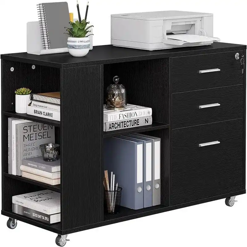 3-Drawer Lateral Filing Cabinet with Open Shelves and Lock