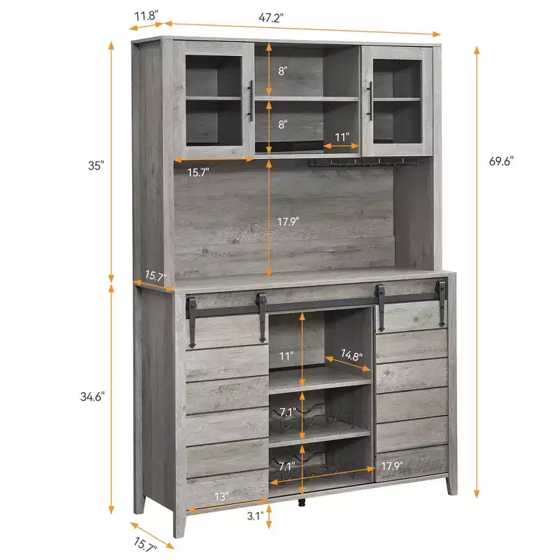 70'' Tall Farmhouse Coffee Bar Cabinet, Kitchen Hutch Storage with Sliding Barn Door, Tall Sideboard Buffet with Wine Rack, Home Bar, Gray
