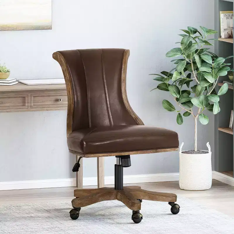 Contemporary Upholstered Roll Back Swivel Office Chair with Adjustable Height - Dark Brown/Natural