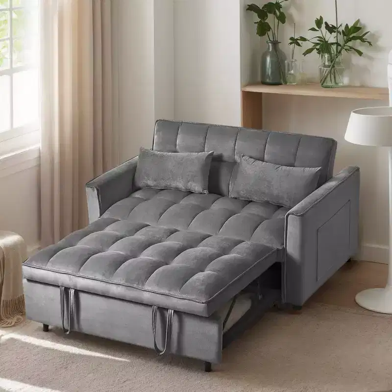 Pull-out sofa with adjustable backrest, velvet two-seater with cushions, suitable for living room, dark gray.
