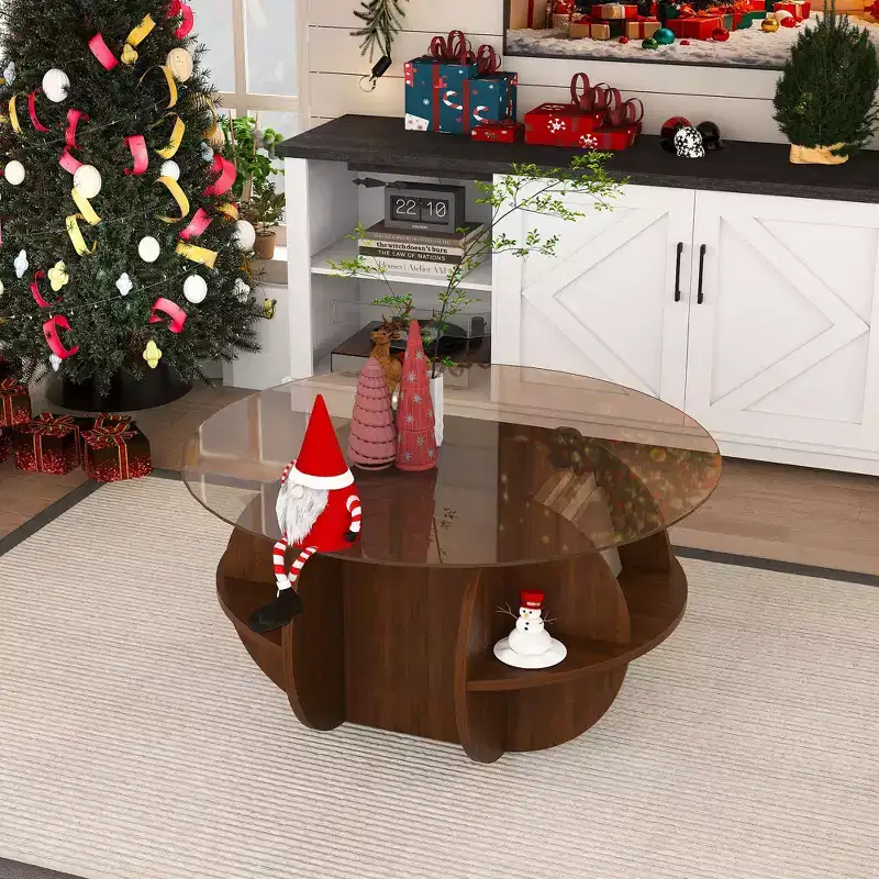 Wood and Tempered Glass Round Storage Coffee Table with 4-Tier Shelves