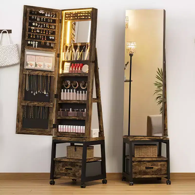 360 Swivel Jewelry Cabinet with LED Lights,Inside Makeup Mirror,Rotatable Full Length Mirror with Jewelry Storage,Lockable Standing Jewelry