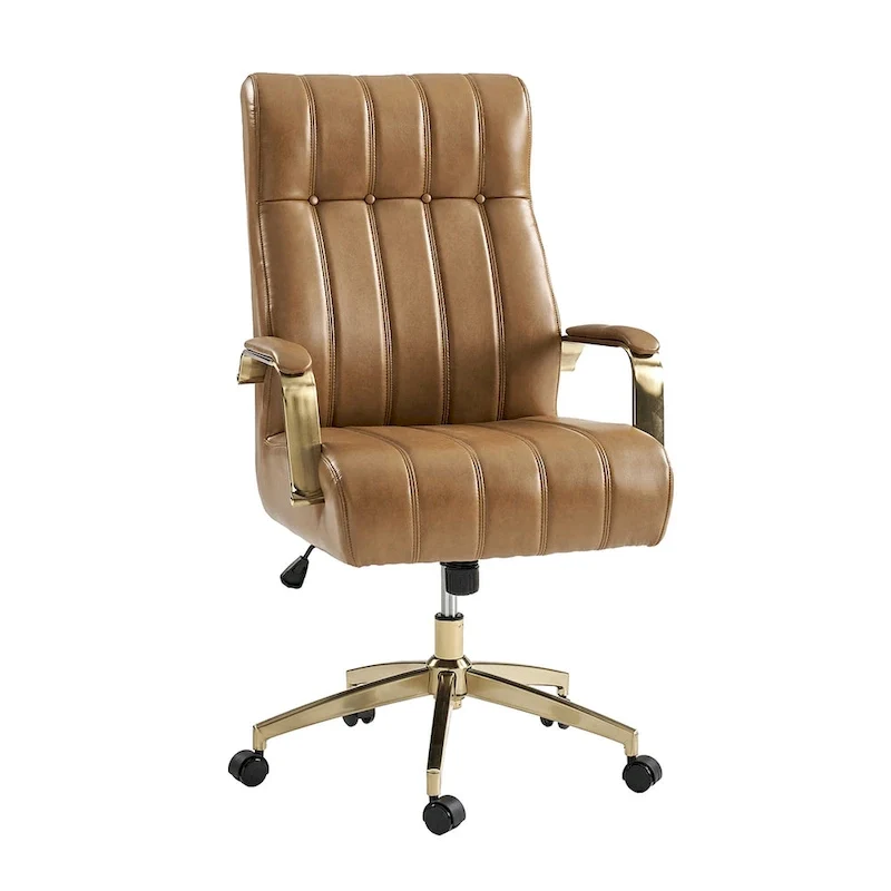 Mid-Century Modern Vegan Leather Swivel Tilting Office Chair with Channel Tufted and Metal Feet