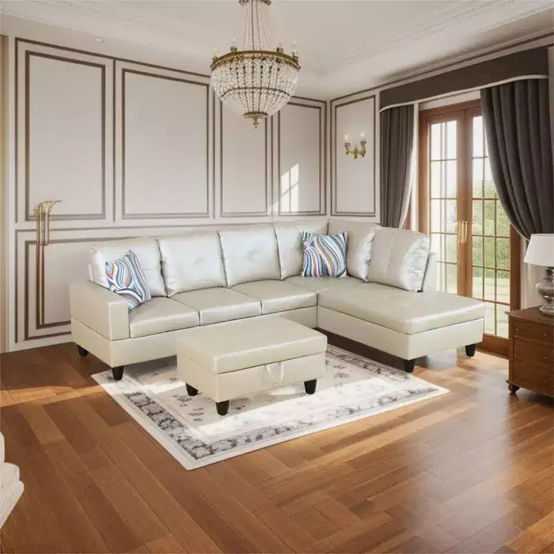 Beige Semi-PU Leather Sectional Sofa C Modern L-Shaped Design, Tufted Cushions, Storage Ottoman, Versatile Home Dcor