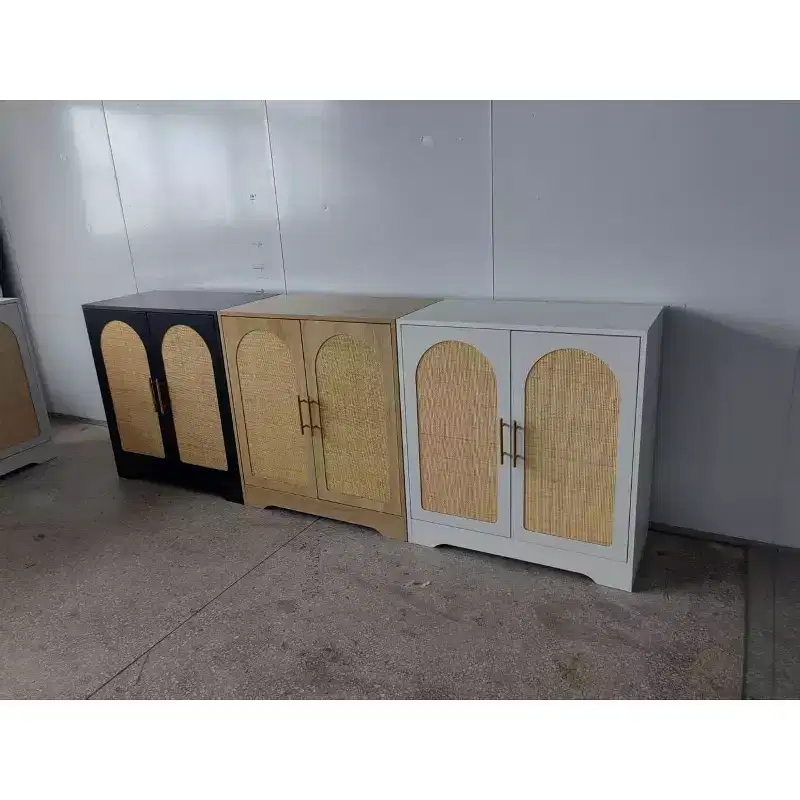 Modern Rattan Sideboard Cabinet, Buffet with 2 Woven Doors, Fixed Shelf Storage, Wood Credenza for Dining Room Living Room Kitchen Entryway