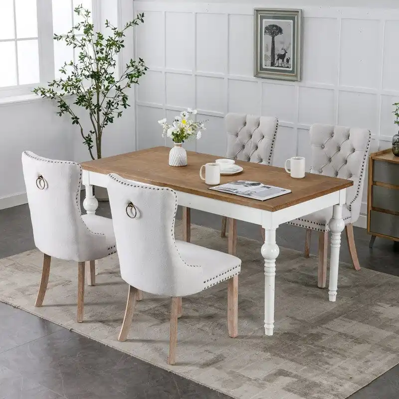 Tufted Upholstered Linen Dining Chair with Solid Wood Legs, Set of 2