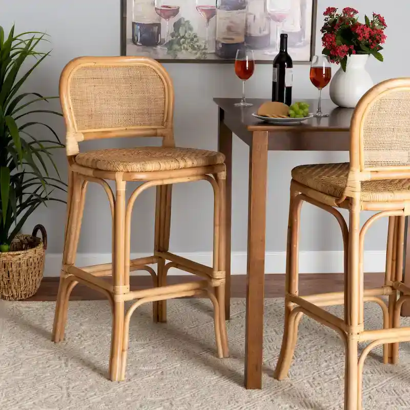 Natural Brown Rattan Bar Stool, Bohemian Style, Single