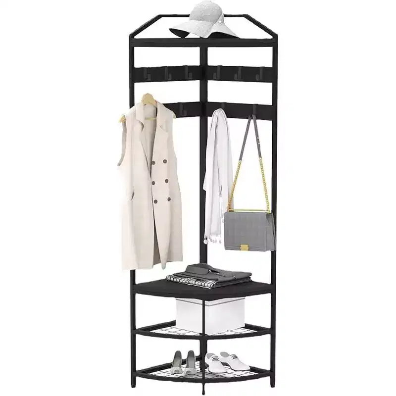 Corner Coat Rack, Modern Metal Clothes Racks Corner Hall Tree Clothing Floor Freestanding Garment with Shelves Storage for Bedroom Living Room