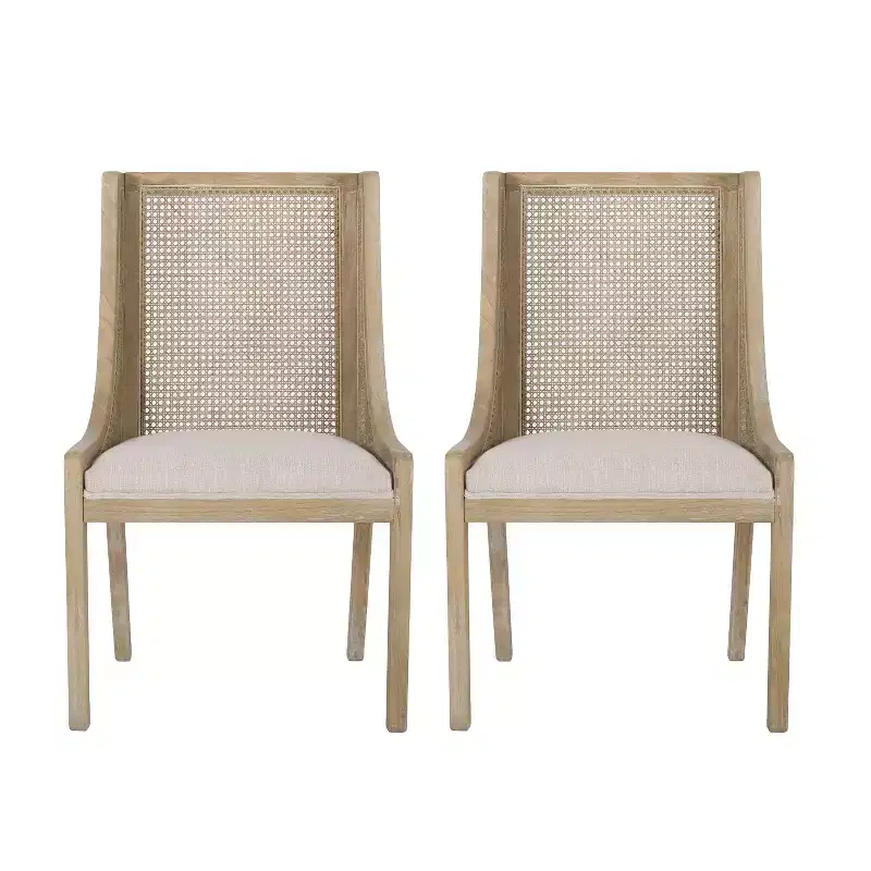 Set of 2 Cane & Wood Upholstered Dining Chairs, Rubberwood Frame, Beige/Natural, 300 lb