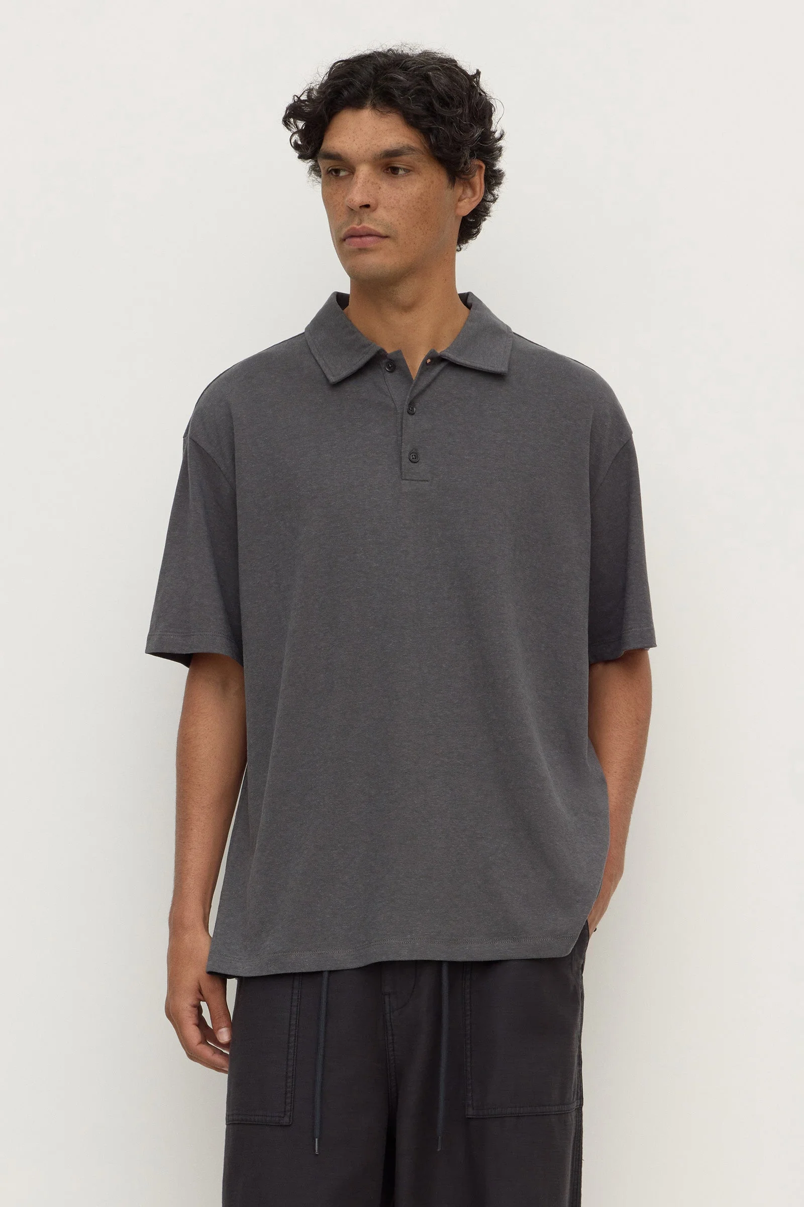 Washed Charcoal Hemp Cotton Knit Polo