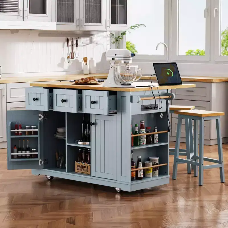 53inch Large Kitchen Island with Drop Leaf,Power Outlet,Door Internal Storage Rack,Rolling Kitchen Cart on 5 Wheels with 5 Open Side Racks