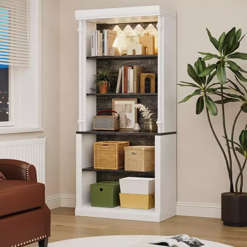 Tall Storage Bookcase with 5-Tier Open Shelves, Roman Column Design and 4 Adjustable Lights, White & White & Black Wood Grain Display Storage Cabinet
