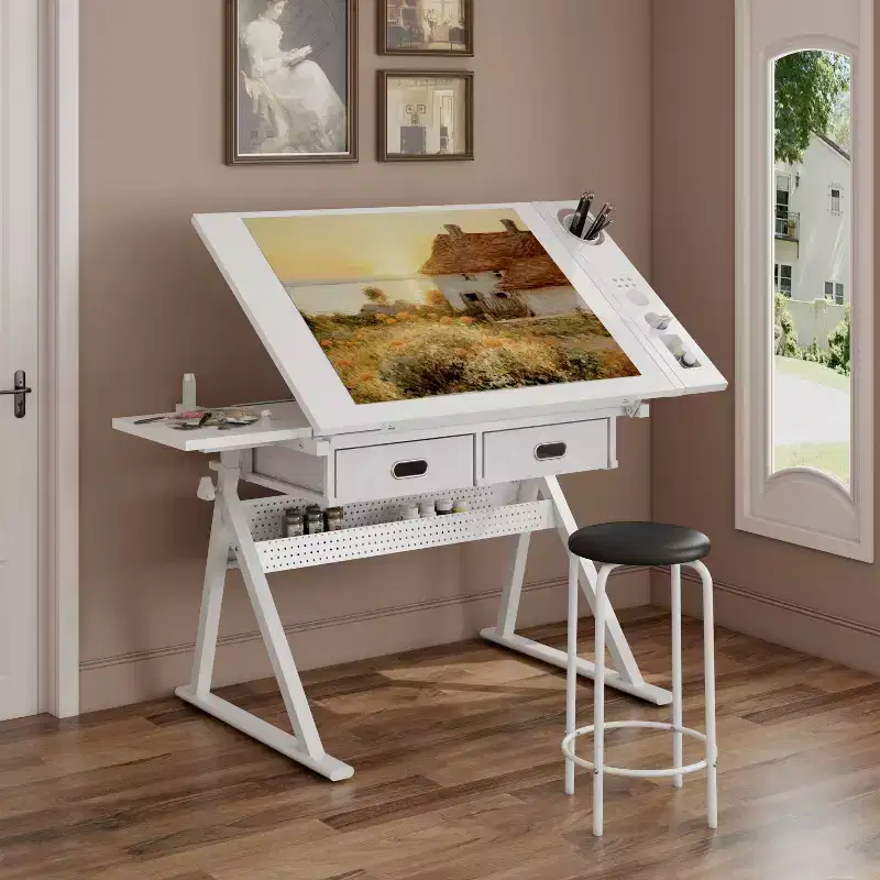 JVNOXK Adjustable drawing drafting table desk with 2 drawers for home office and school with stool (all white)