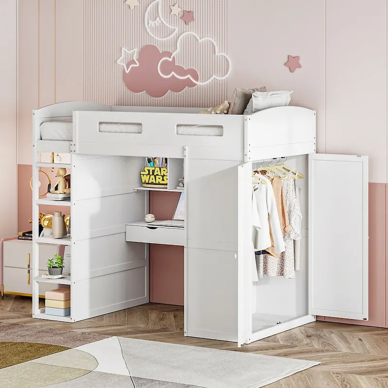 Loft Bed with Desk, Wardrobe, 4 Drawers and 4 Shelves, Full Size, Multi-Storage