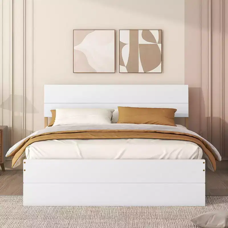 Modern Full Size Bed Frame With Twin Size Trundle And 2 Drawers, No Box Spring Needed, Platform Bed Frame For Bedroom, White+Oak