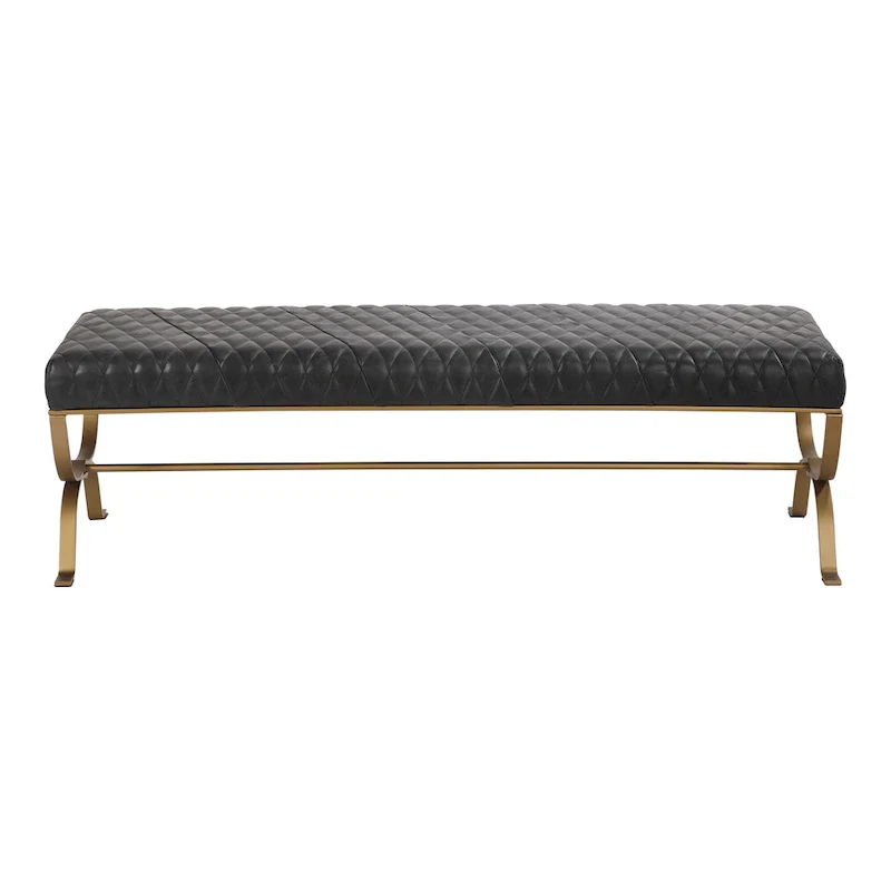 Modern Leather and Brass Iron Bench