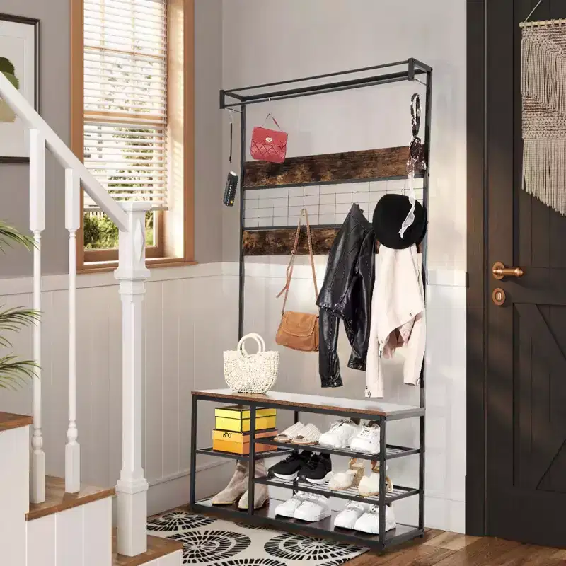 Coat Rack Hall Tree, 3-Tier Shoe Storage with 5 Hooks - Wood-Look Bench for Entryway, Industrial Rustic Design Brown & Black