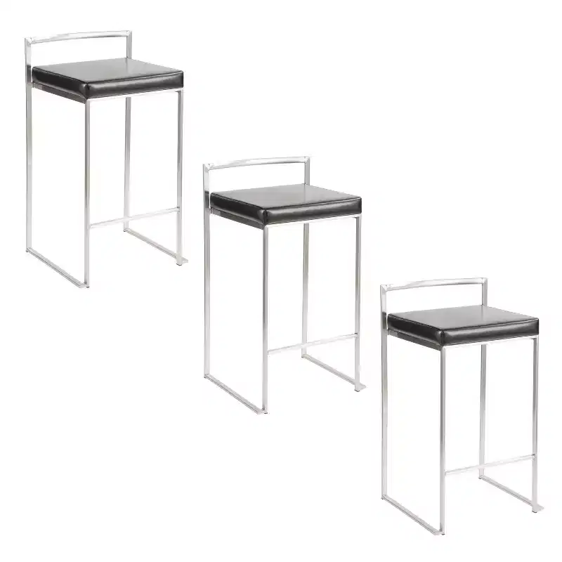 LumiSource Set of 3 Fuji Stacker Counter Height Barstools Stainless Steel/Black PU