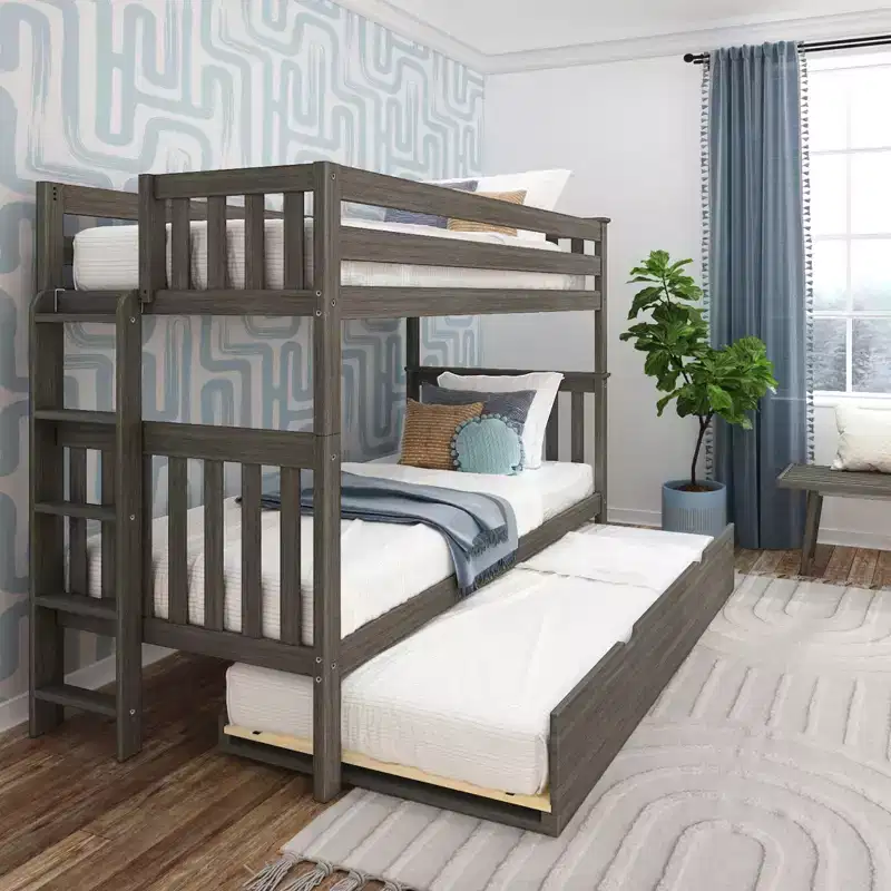 Bunk Bed with Ladder on End and Trundle, Twin-Over-Twin Bed Frame for Kids