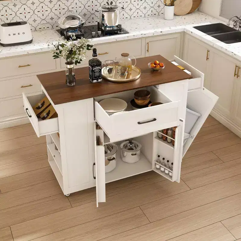 Movable Rustic Kitchen Island Cart with Wheels & Power Outlet, Wood Top Bar Table Storage Cabinet for Kitchen, Dining Room