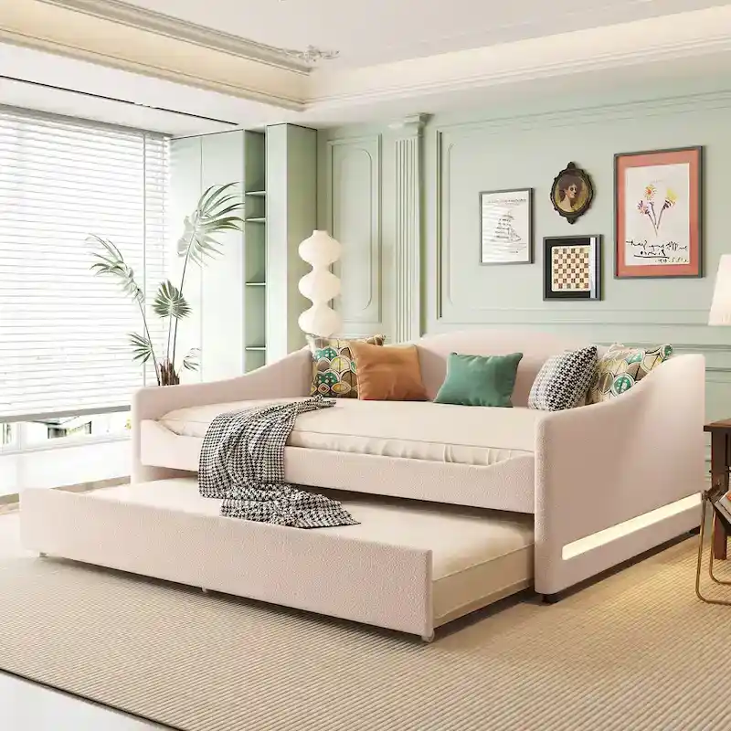 Full Teddy Fleece Daybed with Trundle and LED Lights
