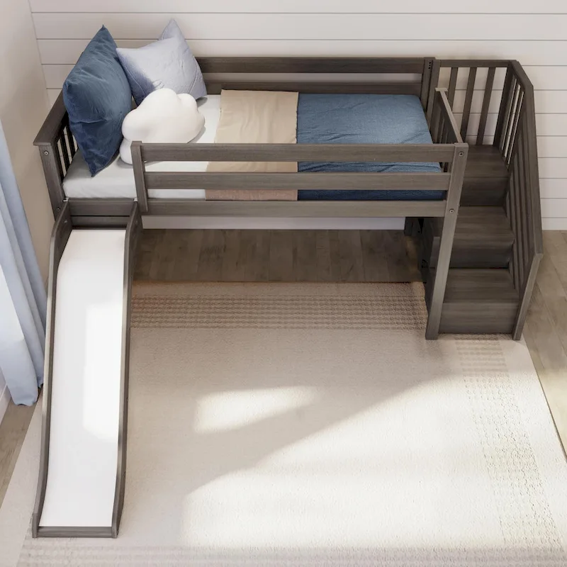 Max and Lily Classic Twin Low Loft with Stairs, Easy Slide and Curtain