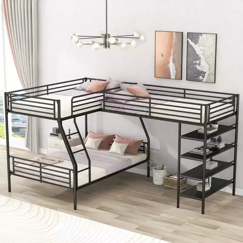 Whisen 117.2''L*77.5''W L-Shaped Metal Twin over Full Bunk Bed and Twin Size Loft Bed with Four Built-in Shelves - Black