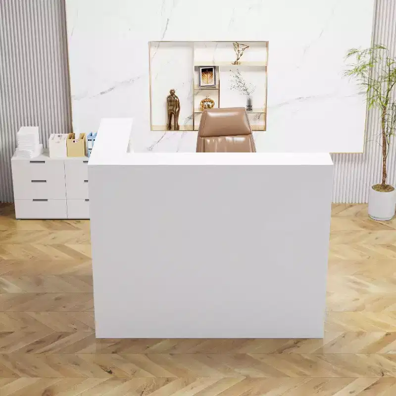 Famapy Modern L-Shaped Reception Desk with Removable Shelves Lockable Storage Welcome Desk Cable Management