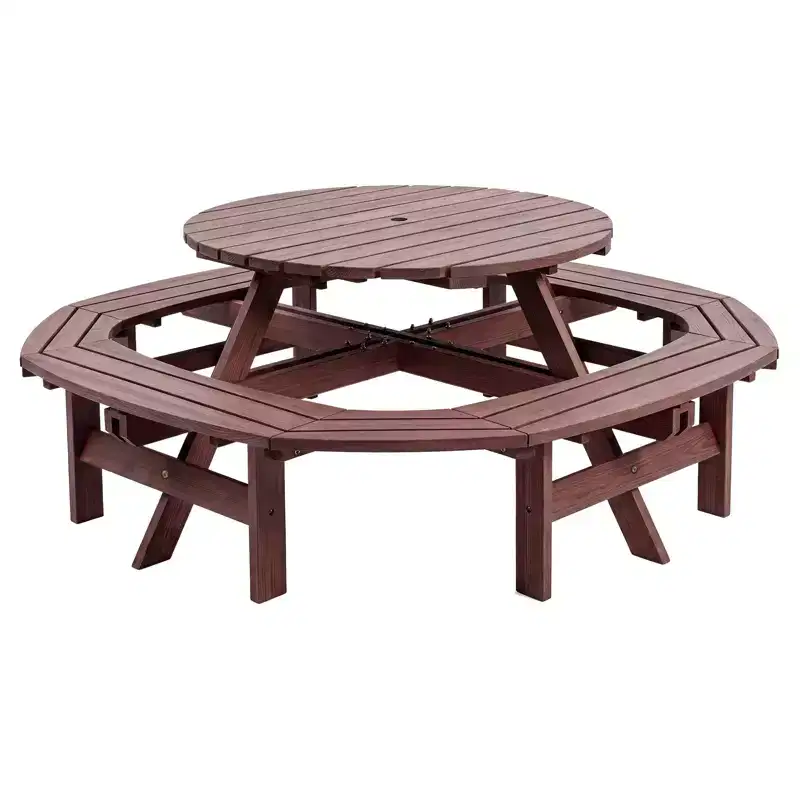 8 Person Wooden Picnic Table, Outdoor Round Camping Dining Table with Built-in Benches & Umbrella Hole, Outside Table Set for Garden Backyard Patio