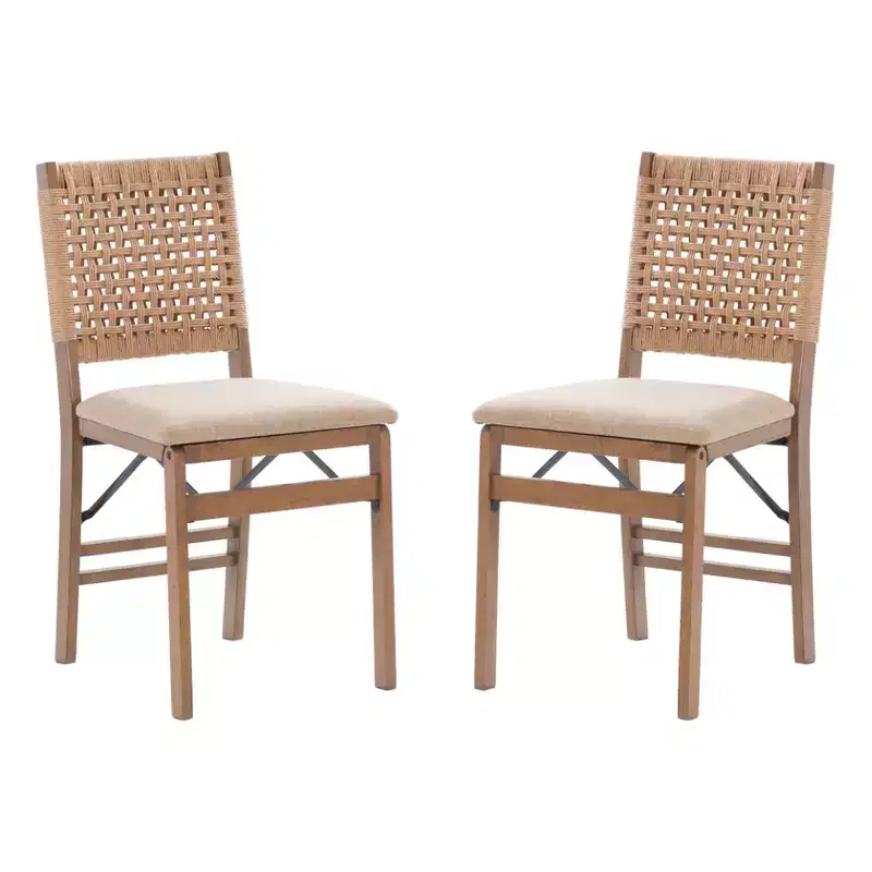 Linon Set of 2 Valley Woven Back Padded Seat Midcentury Modern Folding Chair Natural