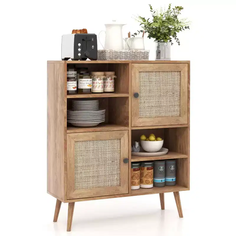 Rattan Door Storage Cabinet with Open Cubbies