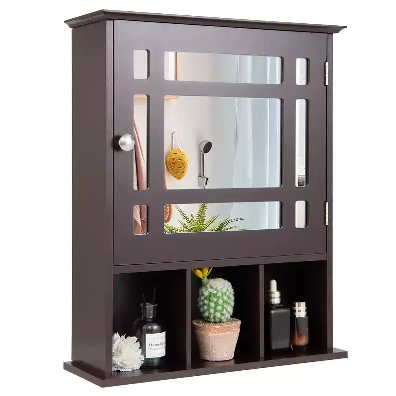 Mirrored Medicine Cabinet, Bathroom Wall Mounted Storage with Adjustable Shelf, Grey/Brown